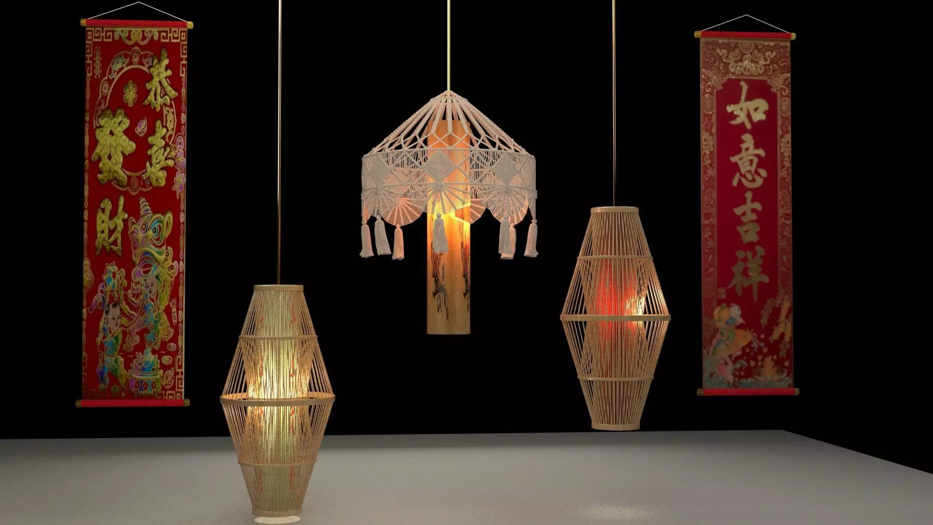 Chinese lantern with couplet 3D model_0