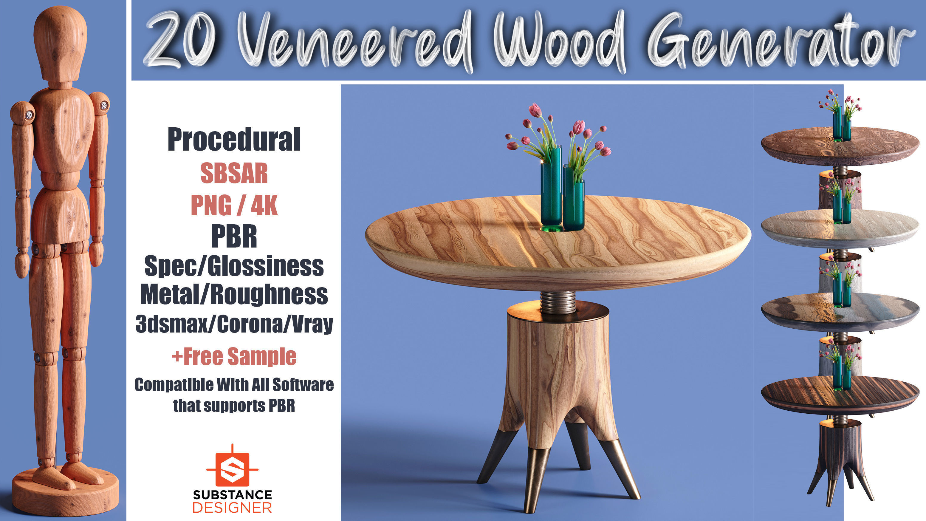 20 Veneered Wood Materials - SBSAR - PBR Maps - 4K Texture_2