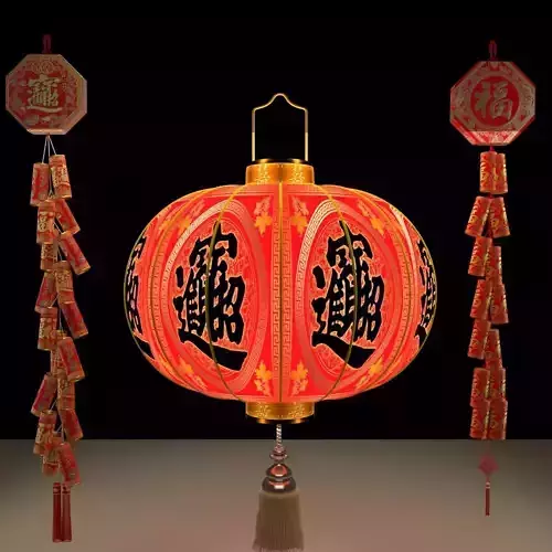 Chinese red lantern with firecracker