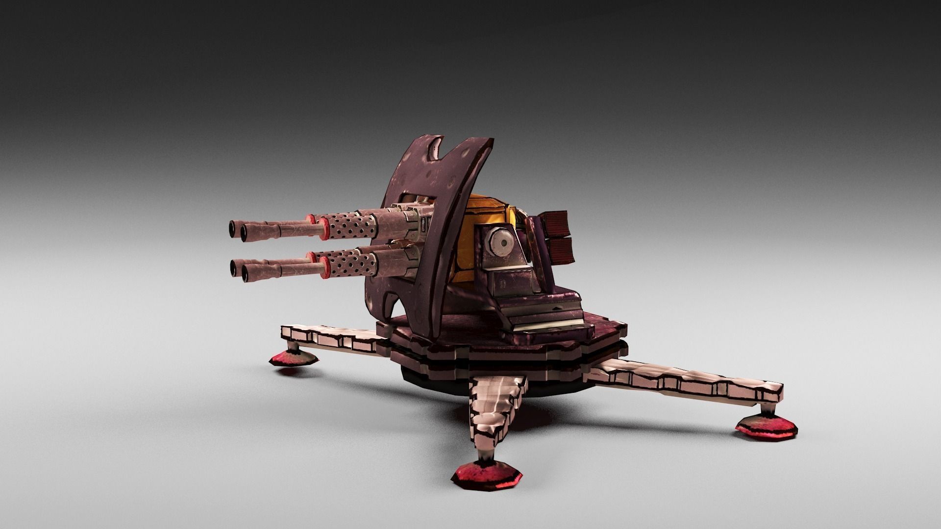 Cartoon 4-gun turret Low-poly 3D model_1