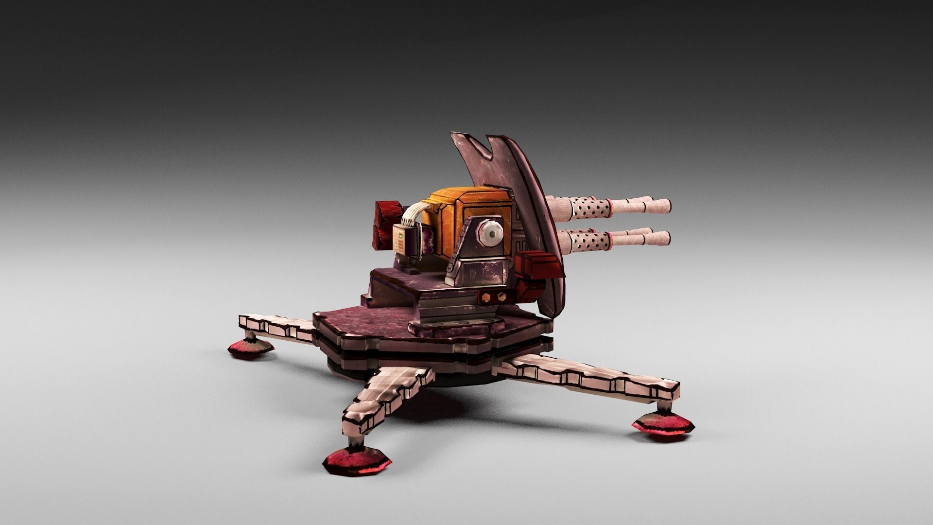 Cartoon 4-gun turret Low-poly 3D model_2