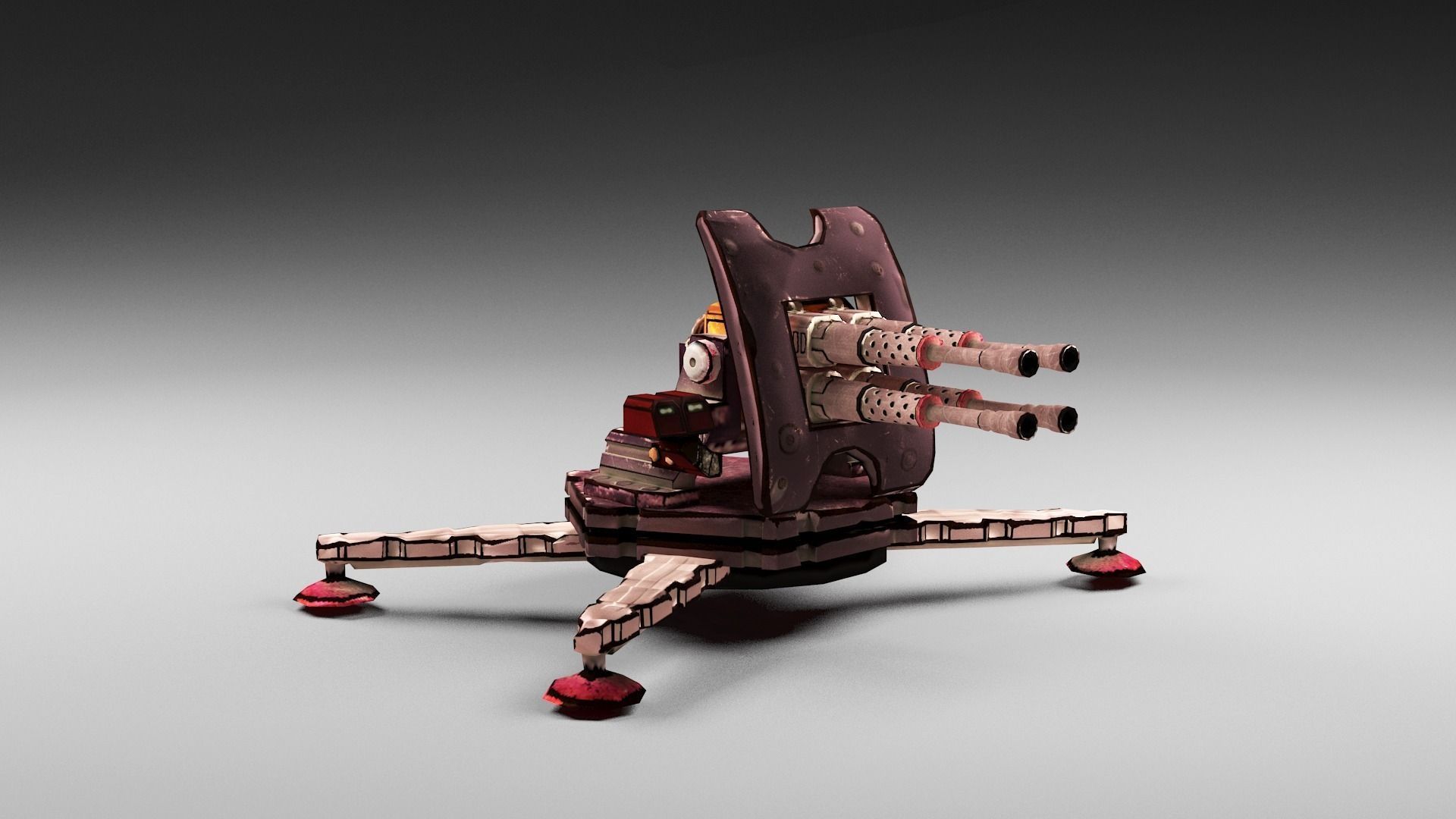 Cartoon 4-gun turret Low-poly 3D model_3