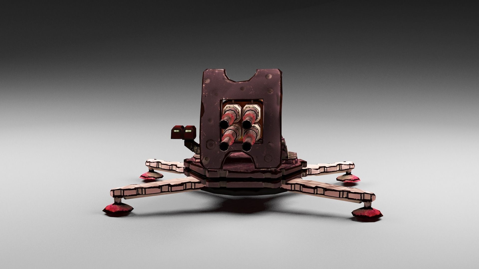 Cartoon 4-gun turret Low-poly 3D model_0