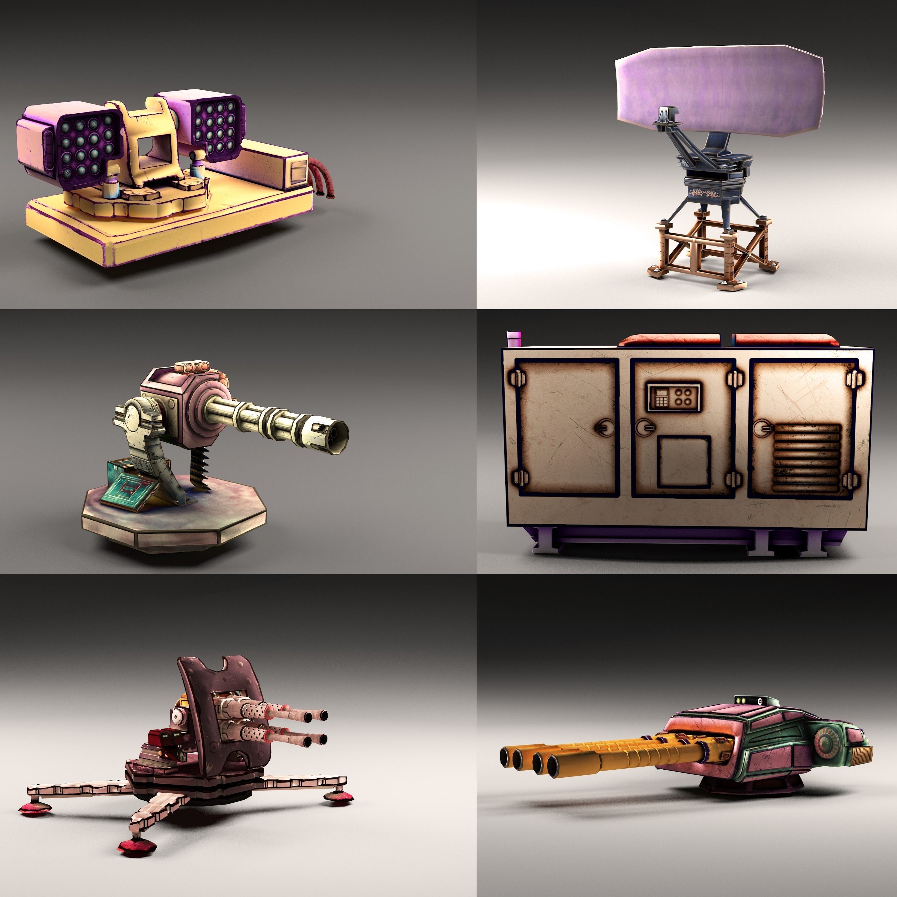 Cartoon 4-gun turret Low-poly 3D model_6