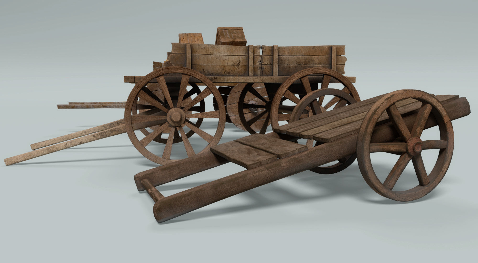 chariot two wooden wagons 3D model_2