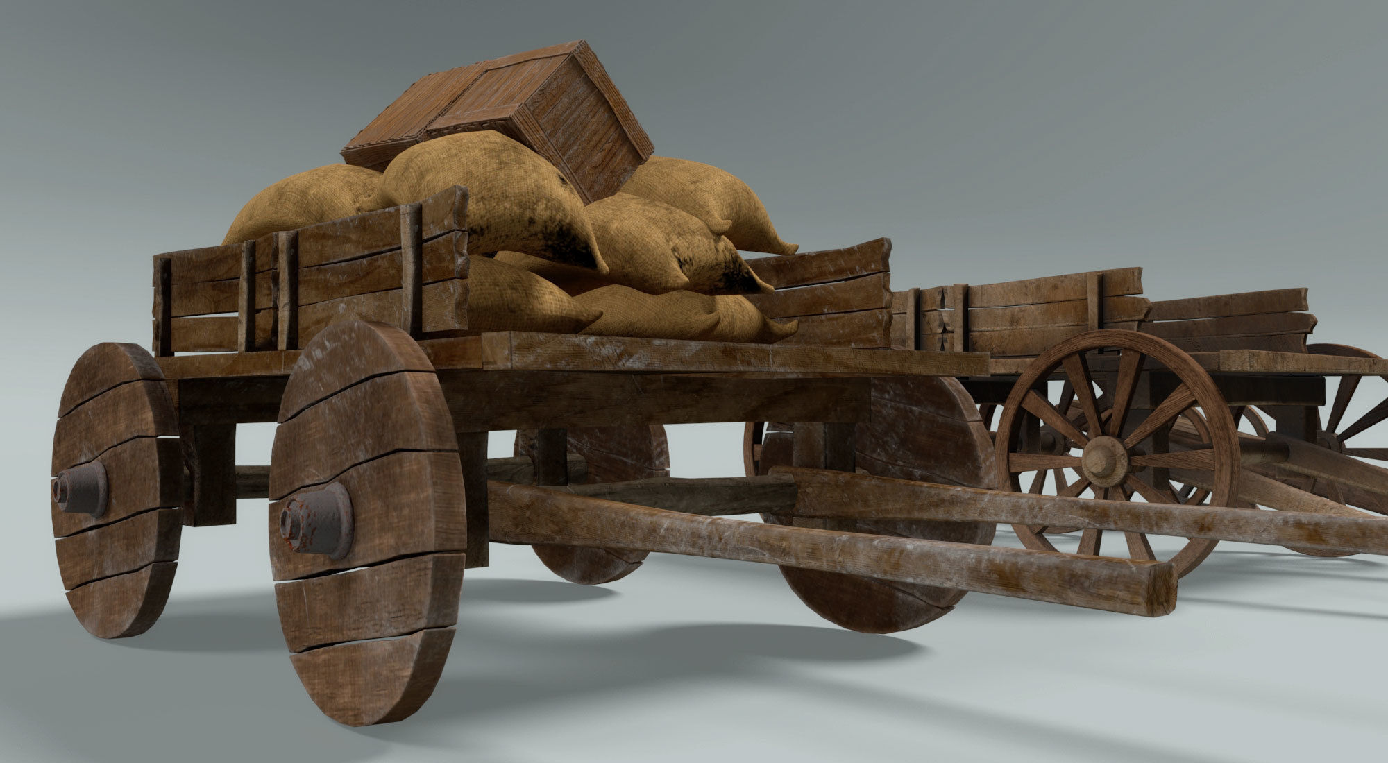 chariot two wooden wagons 3D model_9