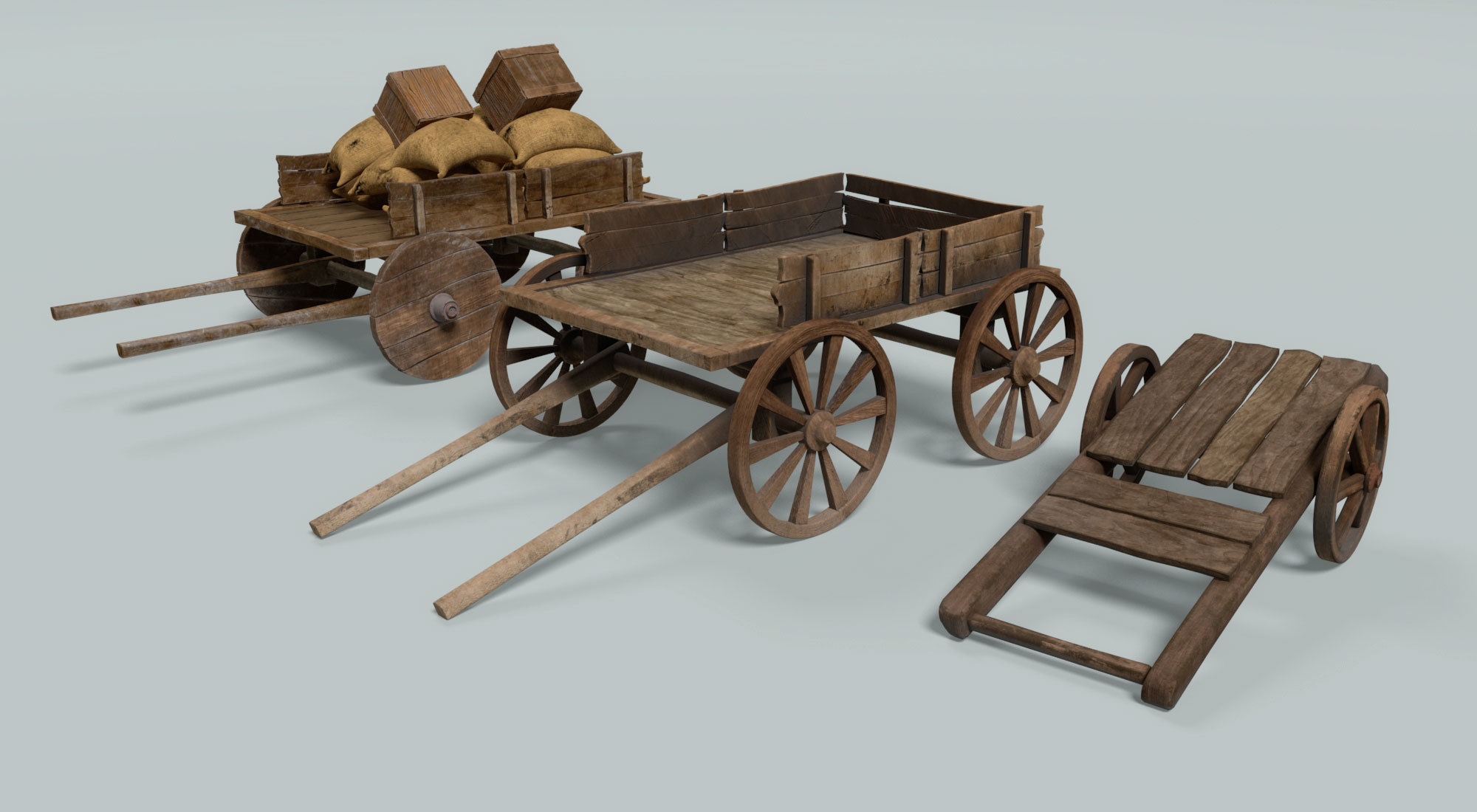 chariot two wooden wagons 3D model_1