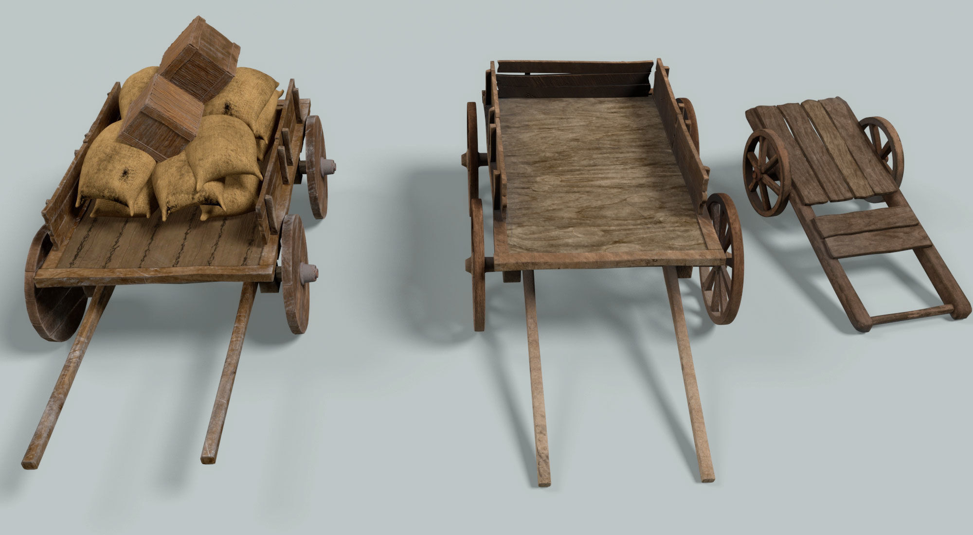 chariot two wooden wagons 3D model_15