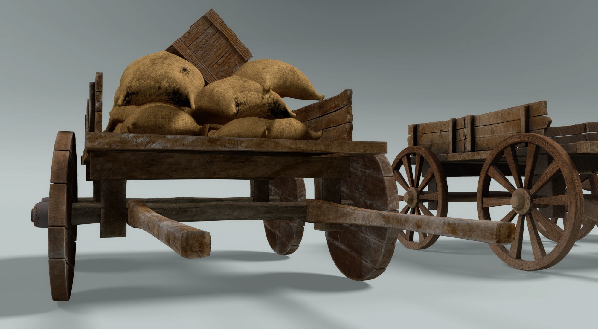 chariot two wooden wagons 3D model_4