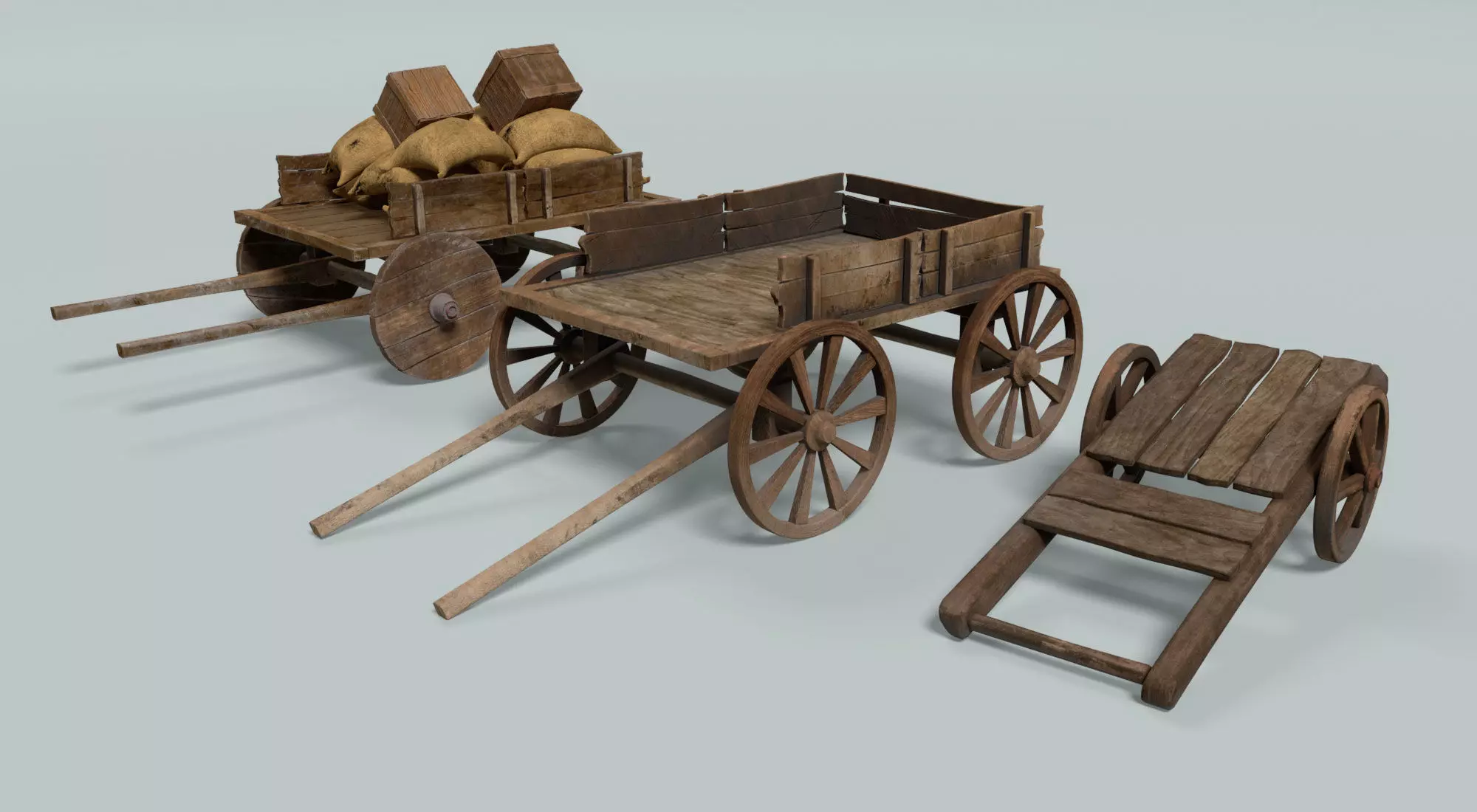 chariot two wooden wagons 3D model_0