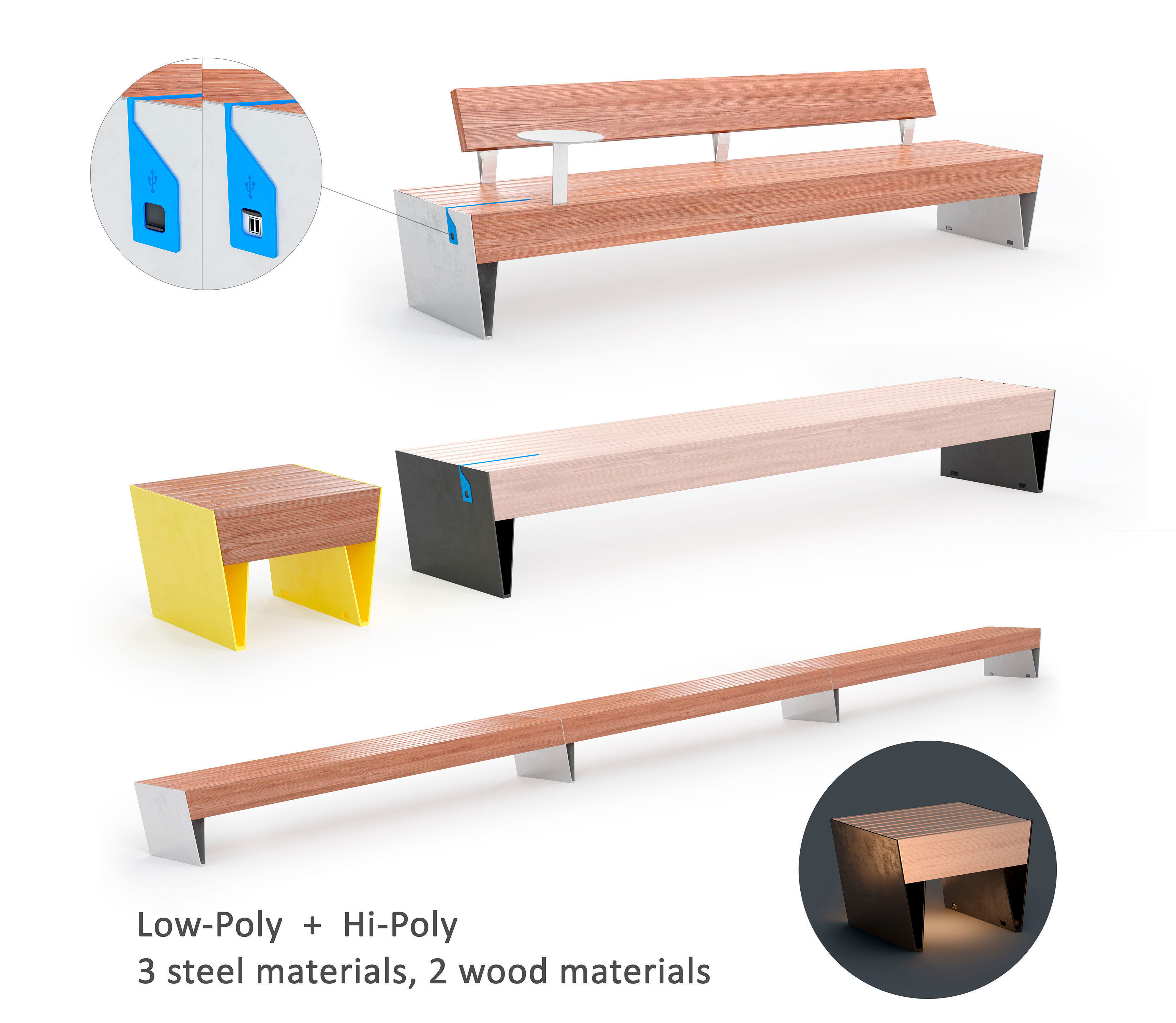 Mmcite Benches Blocq Low-poly 3D model_0