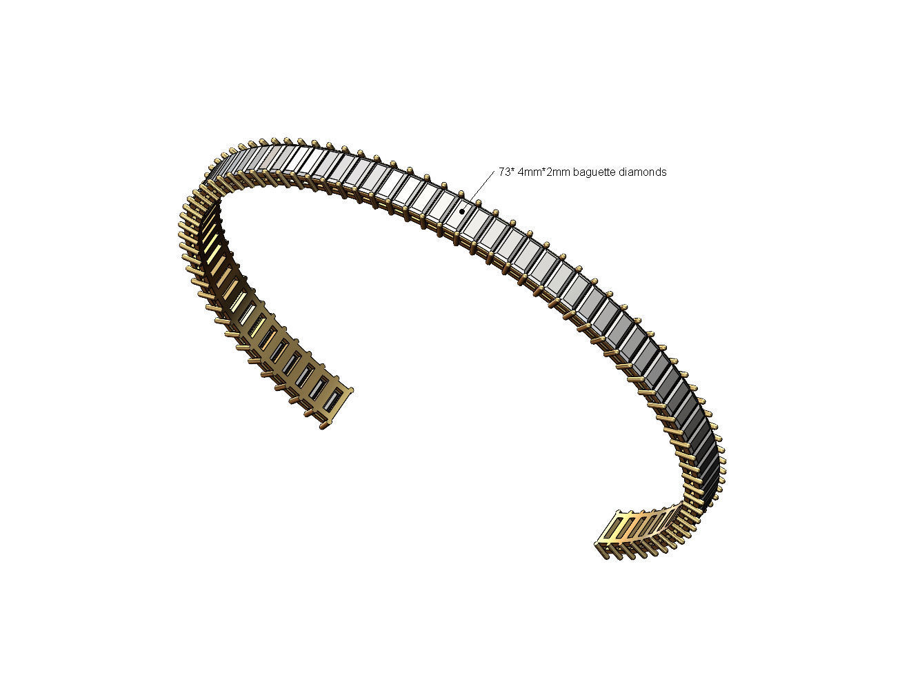 Diamond baguette cuff bracelet 3D print model_3