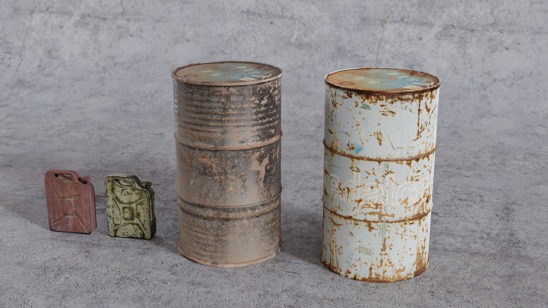Jerrycans and barrels old and rusty Free low-poly 3D model_2