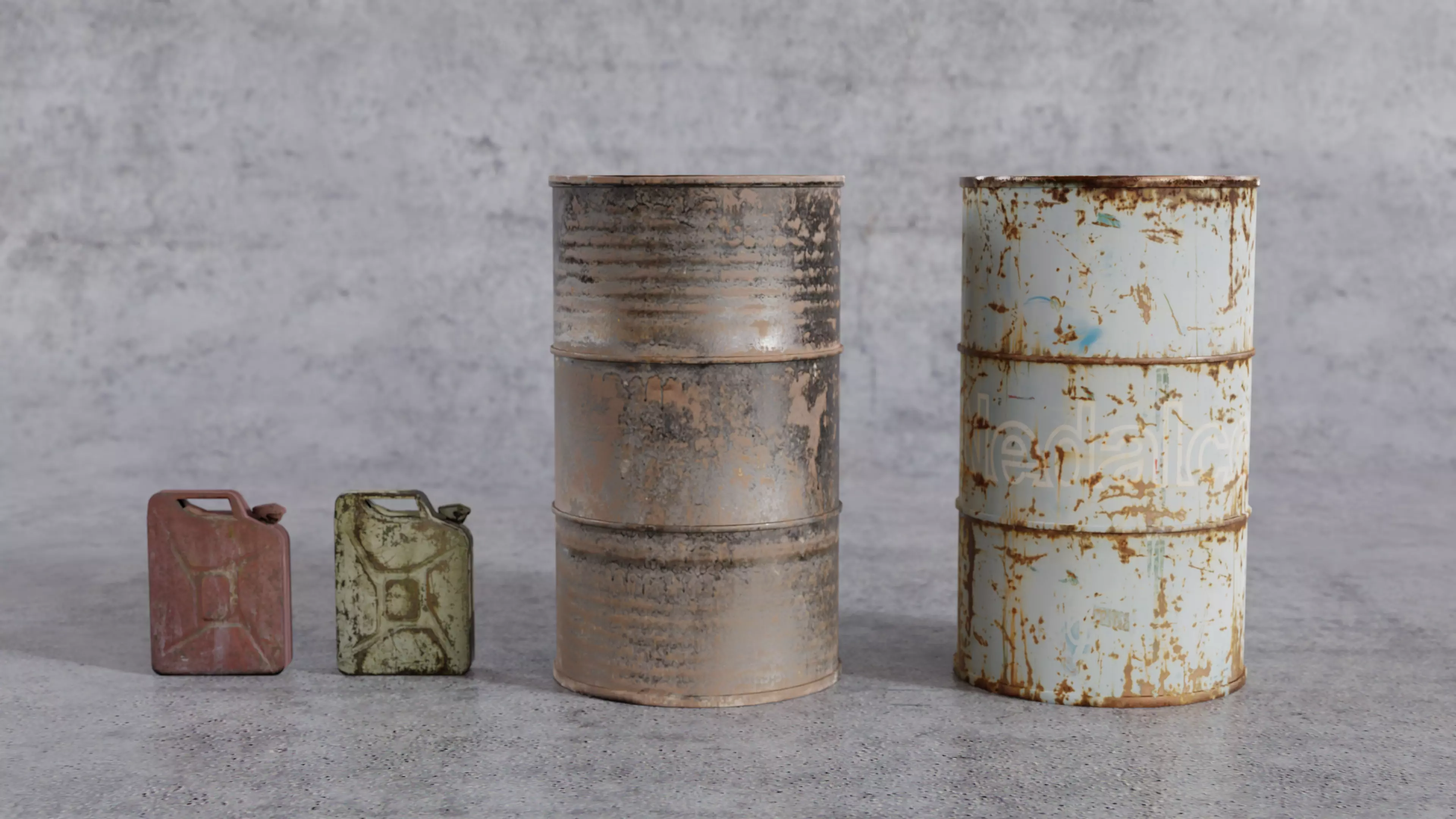 Jerrycans and barrels old and rusty Free low-poly 3D model_0