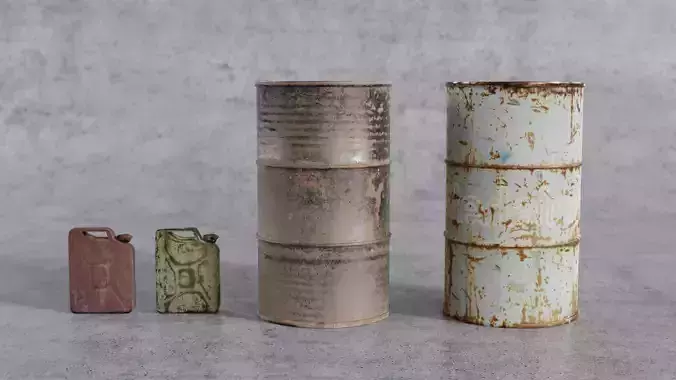 Jerrycans and barrels old and rusty Free low-poly 3D model