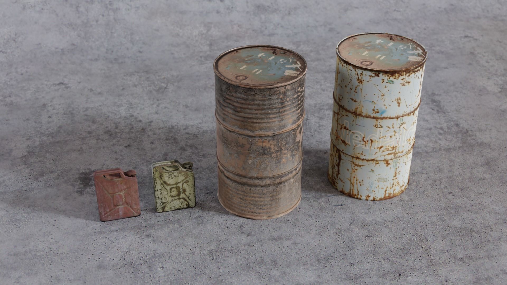 Jerrycans and barrels old and rusty Free low-poly 3D model_3