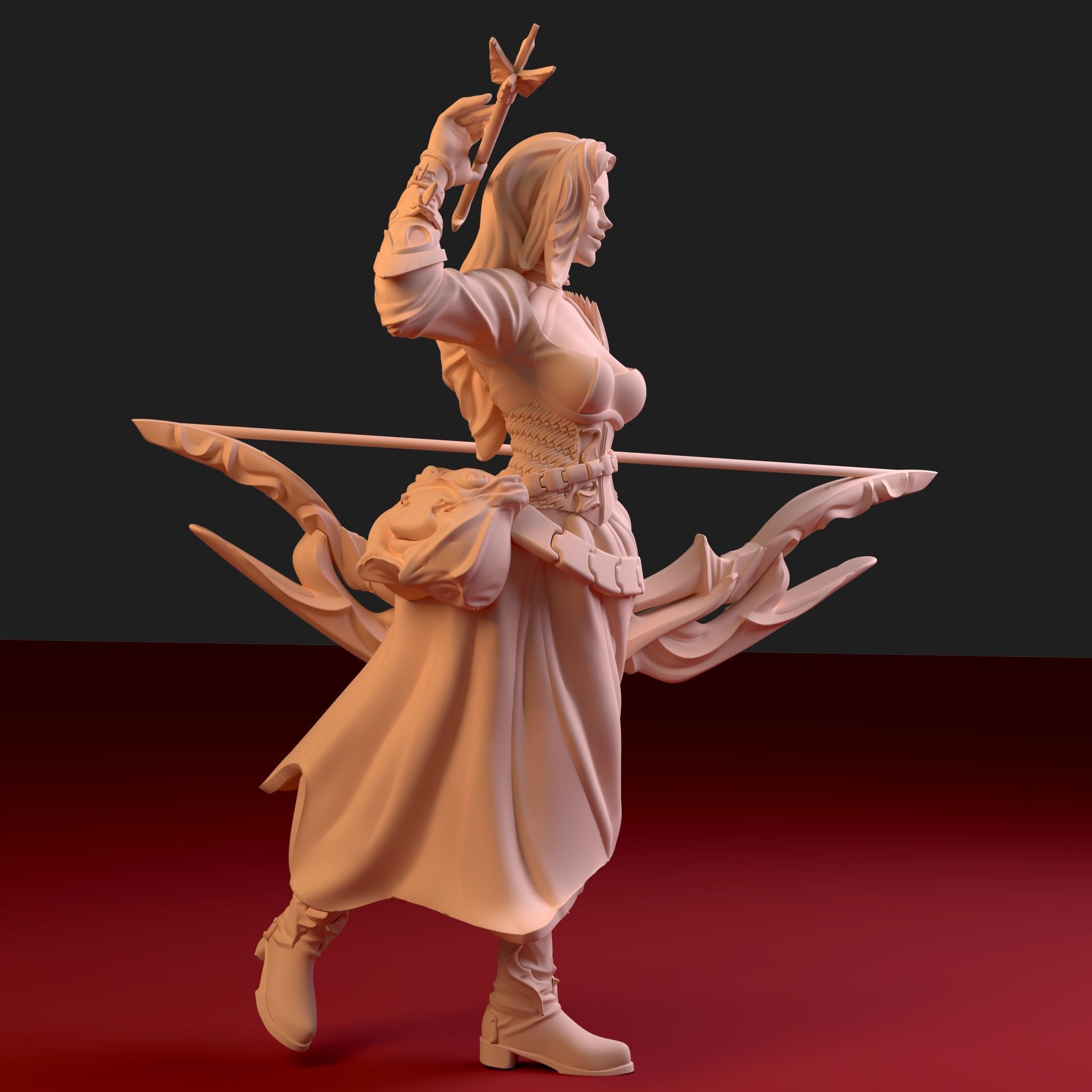 Huntress woman holding bow and arrow 3D print model_1