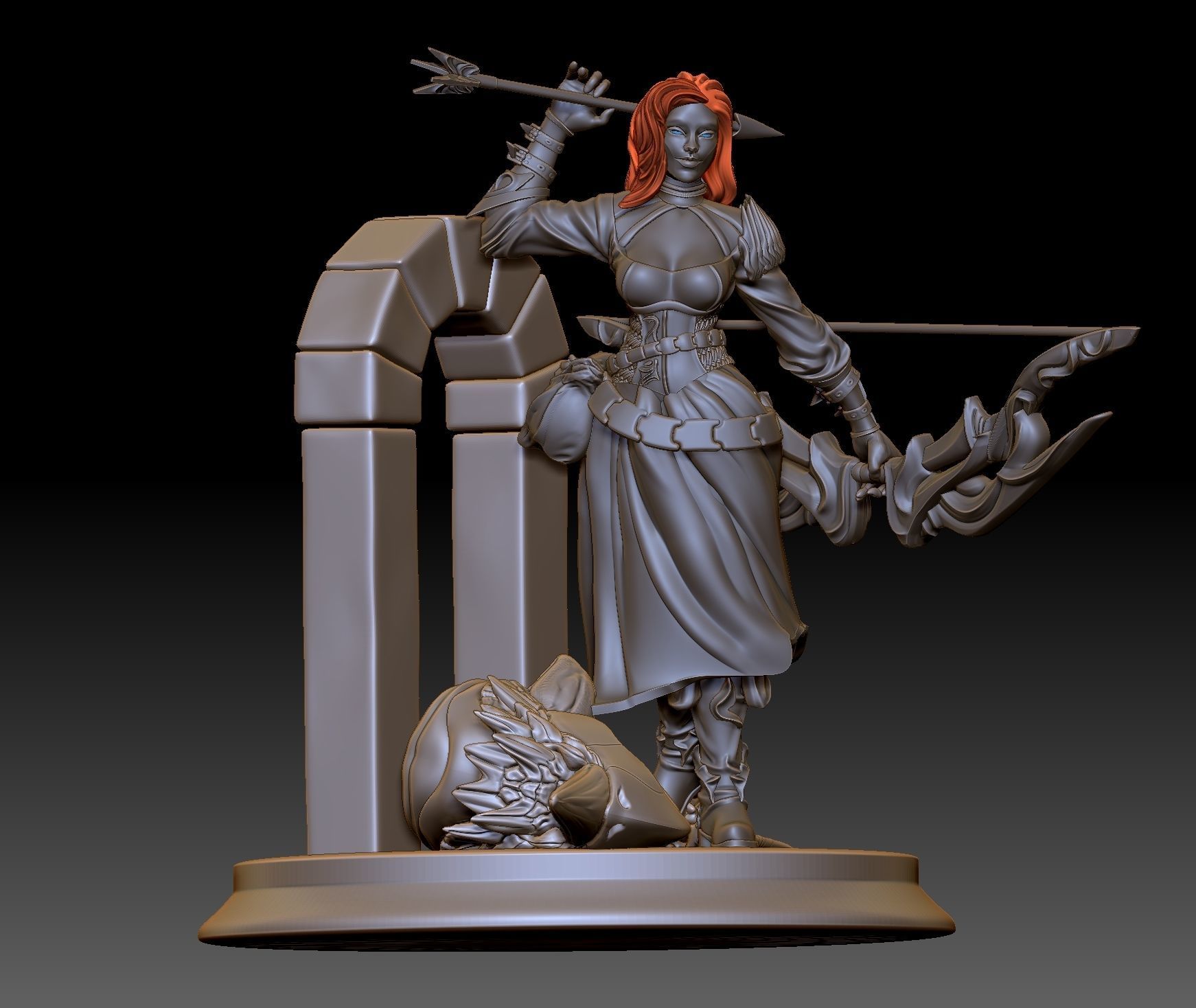 Huntress woman holding bow and arrow 3D print model_4