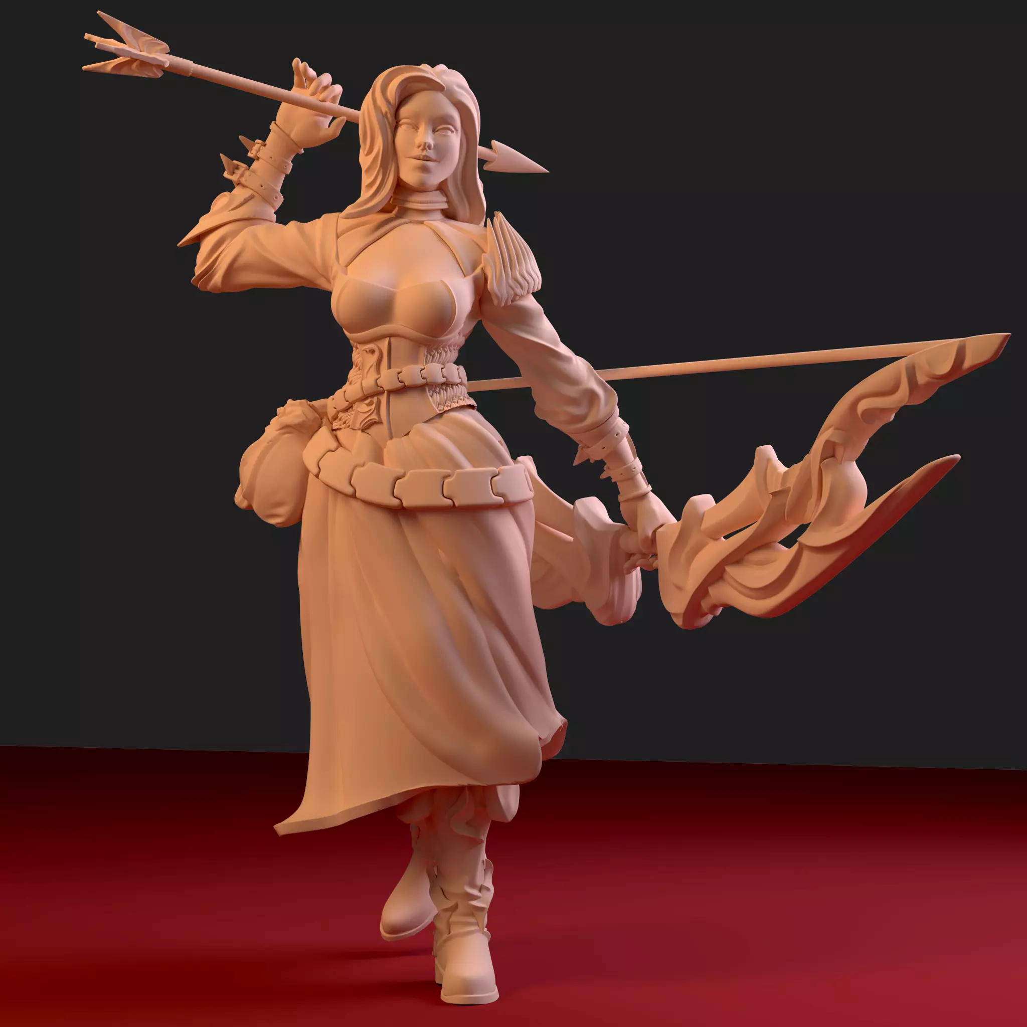 Huntress woman holding bow and arrow 3D print model_0