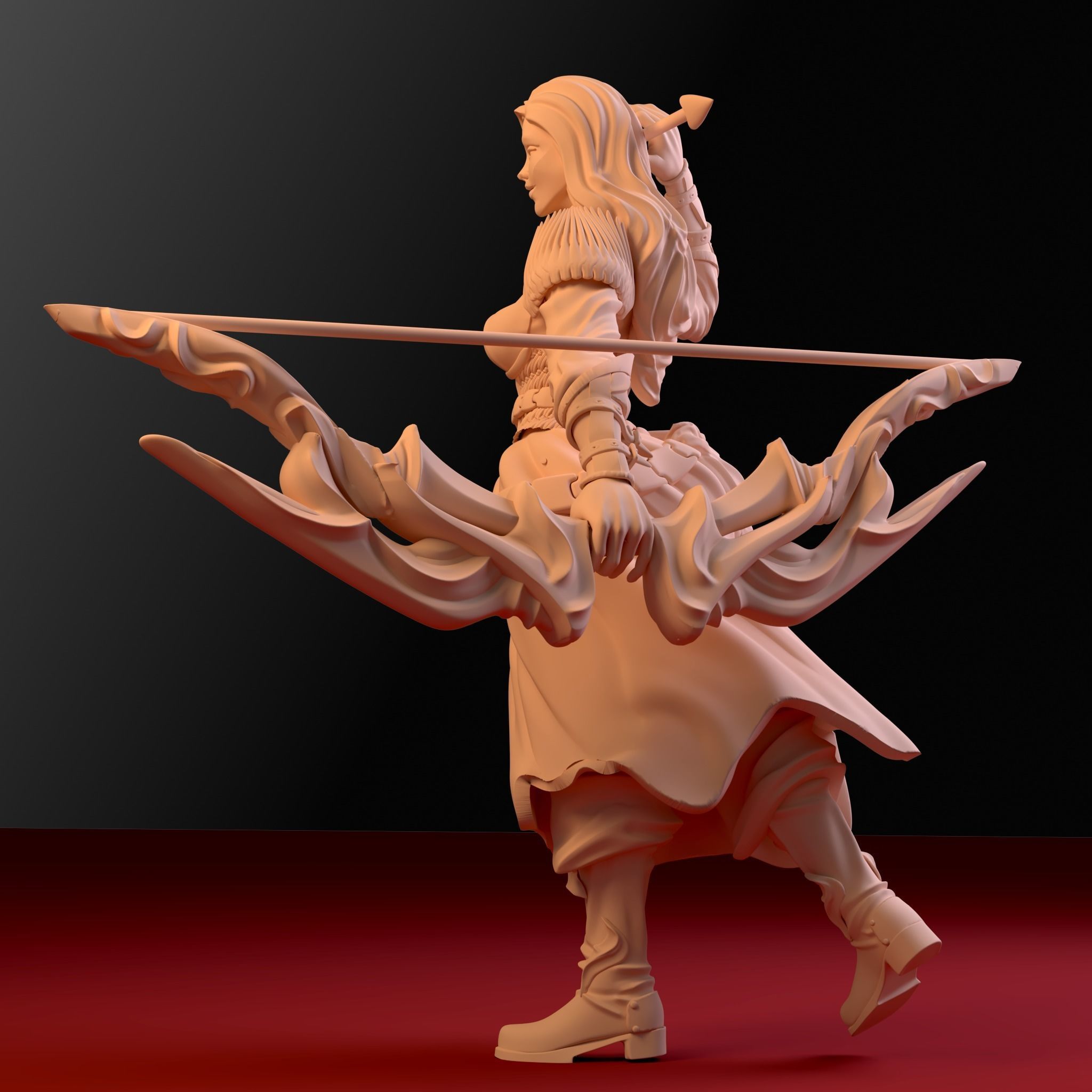 Huntress woman holding bow and arrow 3D print model_3