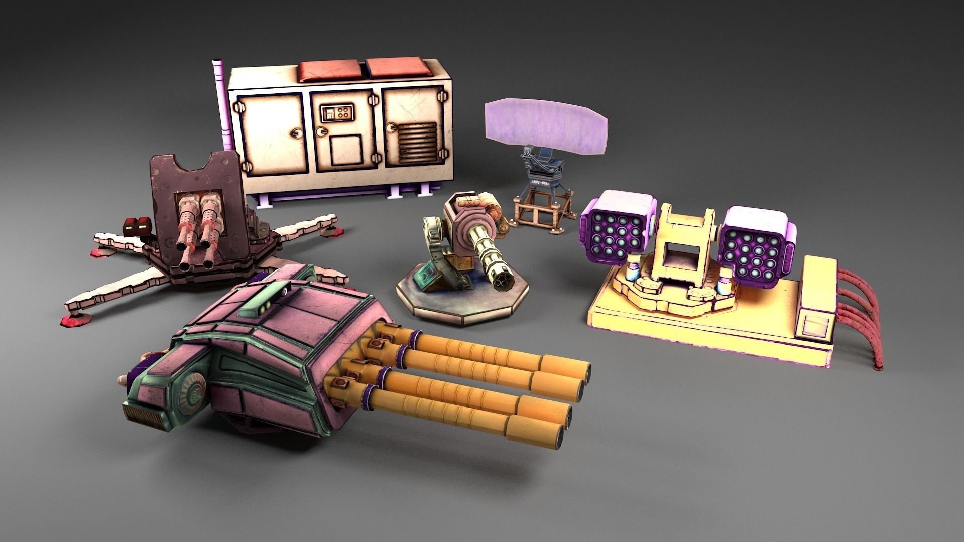 Cartoon style turret 4-guns Low-poly 3D model_4