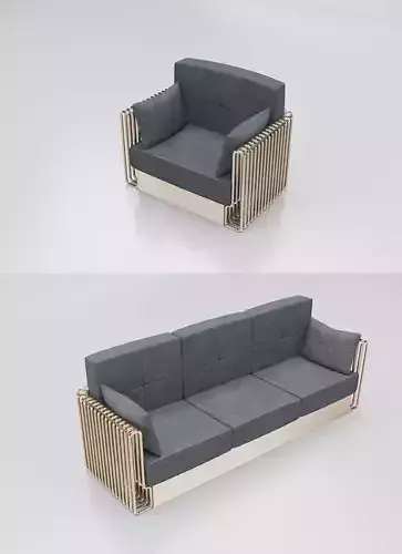 Collection 3D Brass and Grey Modern Seating Set Armchair-Sofa