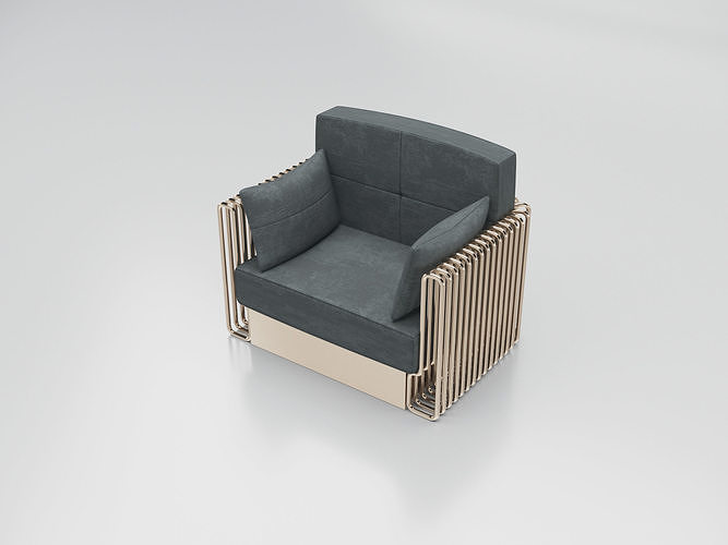Collection 3D Brass and Grey Modern Seating Set Armchair-Sofa 3D model 6