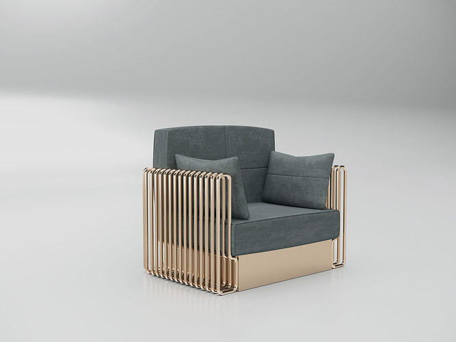 Collection 3D Brass and Grey Modern Seating Set Armchair-Sofa 3D model 2
