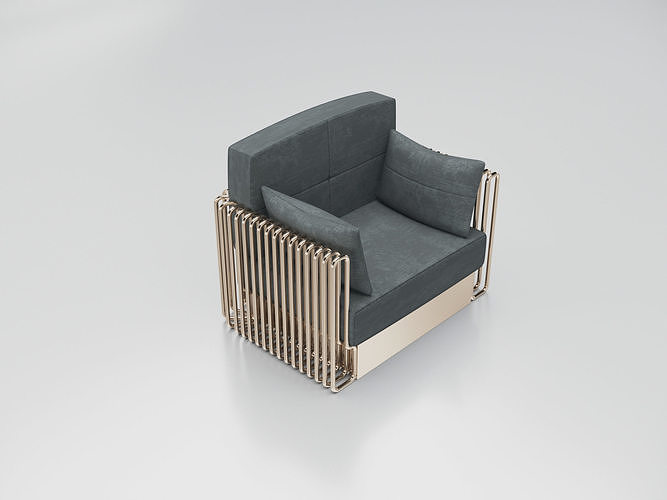 Collection 3D Brass and Grey Modern Seating Set Armchair-Sofa 3D model 7