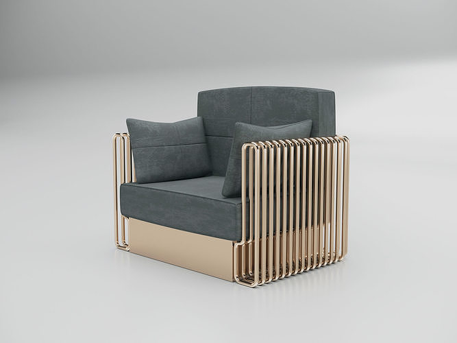 Collection 3D Brass and Grey Modern Seating Set Armchair-Sofa 3D model 3