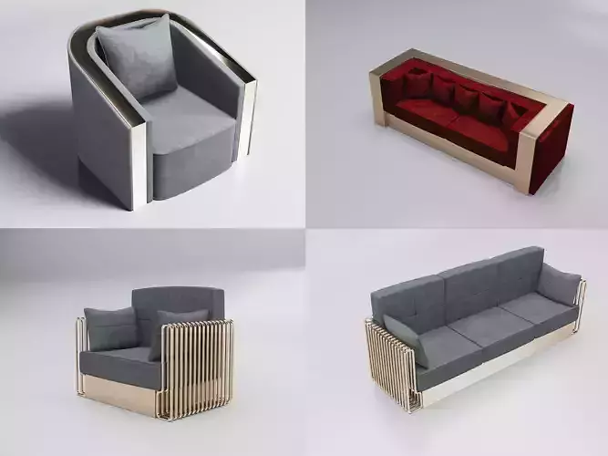 Collection 3D Brass Grey  Red Modern Seating Set Armchairs-Sofas 3D model