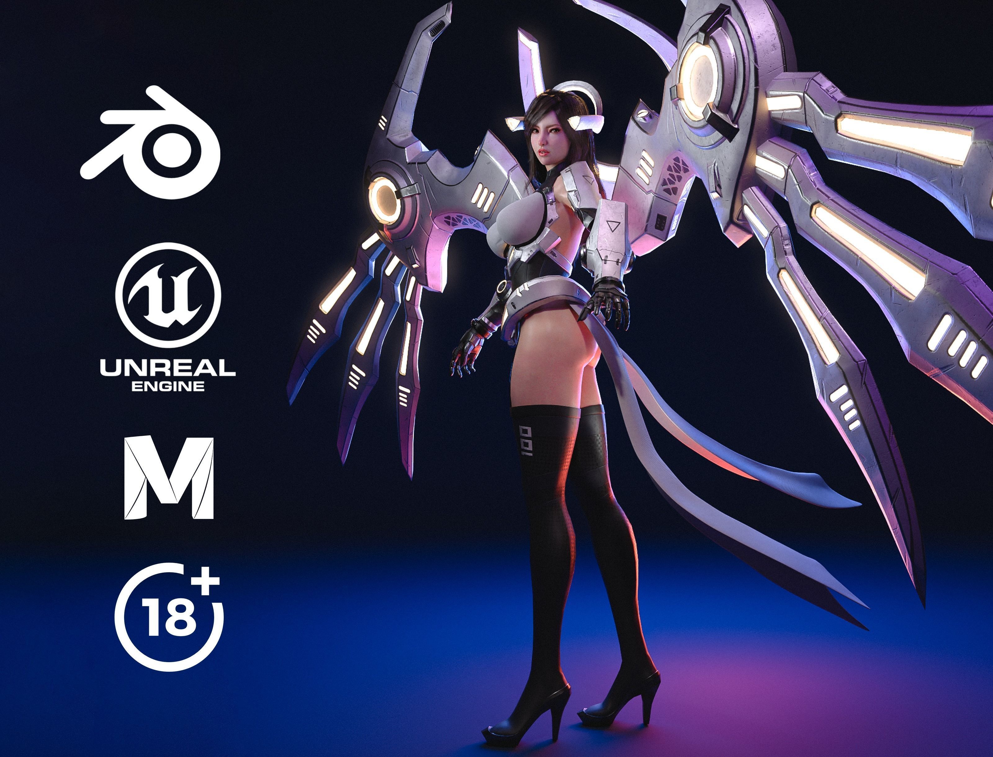 Cyborg Female Unreal character Low-poly 3D model