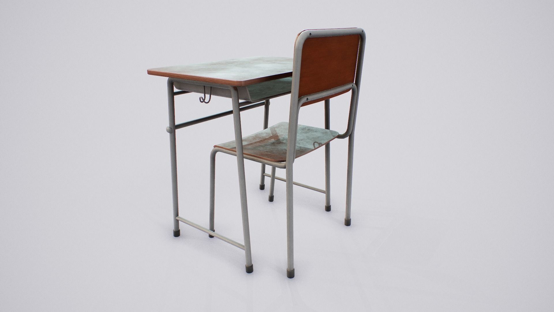 Japanese School Desk and Chair Low-poly 3D model_2