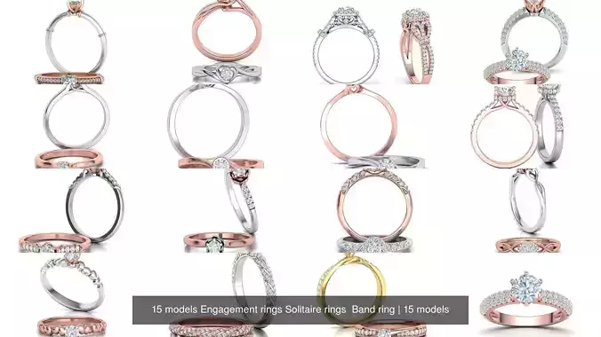 15 models Engagement rings Solitaire rings  Band ring 3D Model Collection
