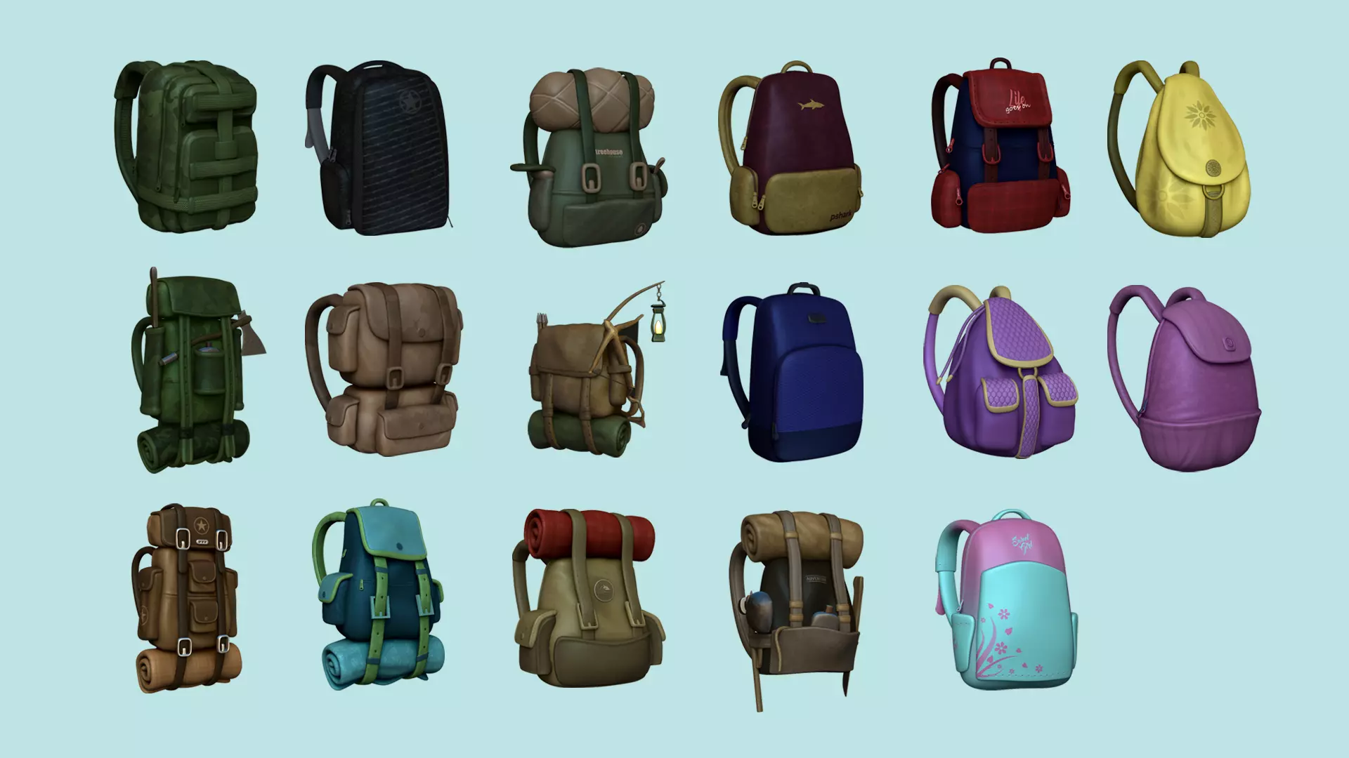 17 Backpacks Complete - Soldiers - Girls - Camping 3D Model Collection_0