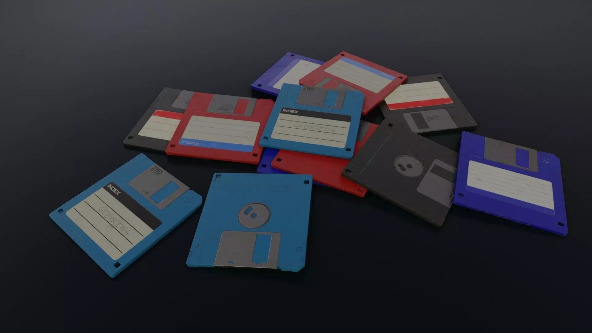 Four pieces of dirty floppy disks Low-poly 3D model