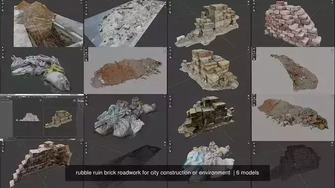 rubble ruin brick roadwork for city construction or environment  3D Model Collection
