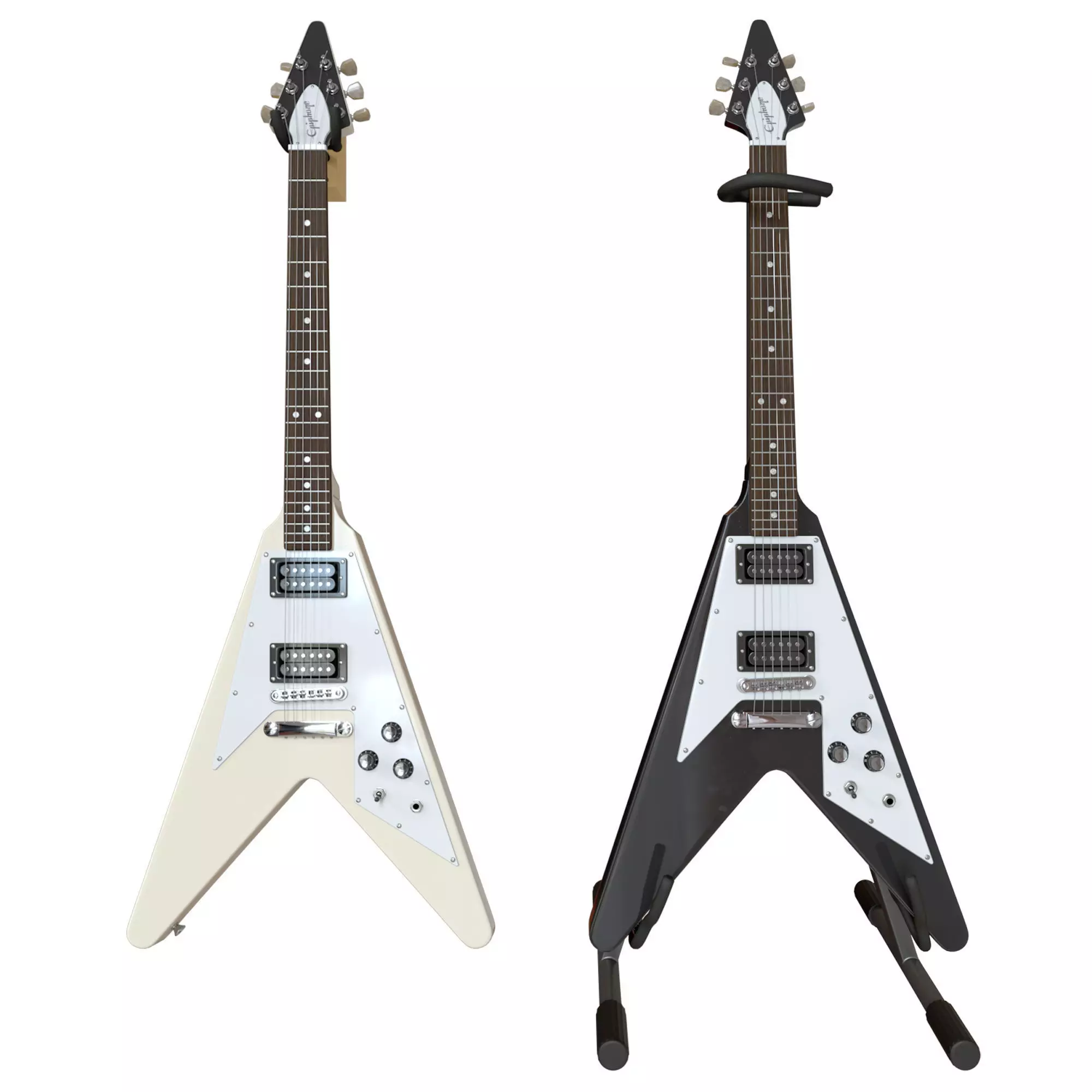 Electric Guitar Gibson Epiphone Flying V style black and beige 3D model_0