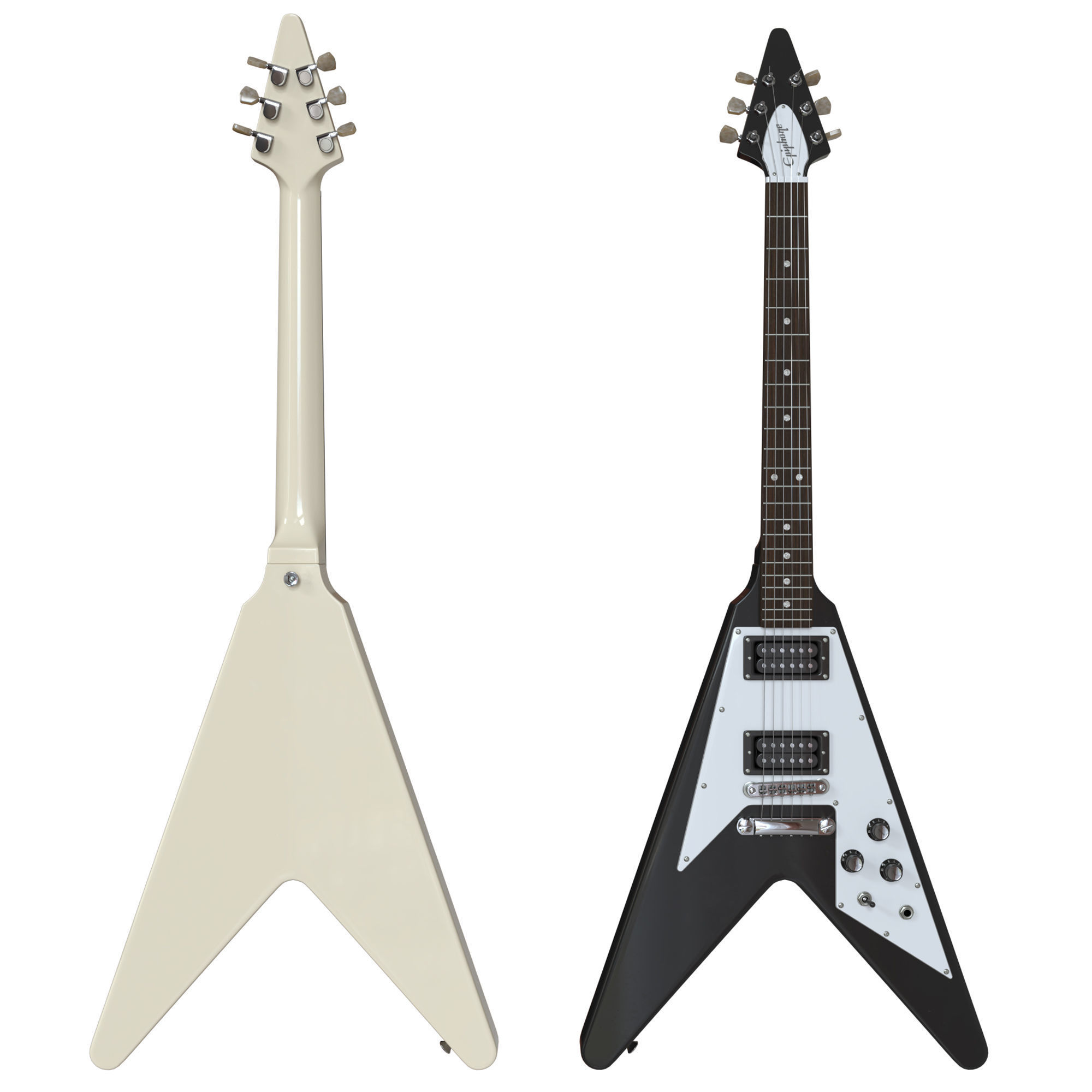 Electric Guitar Gibson Epiphone Flying V style black and beige 3D model_4