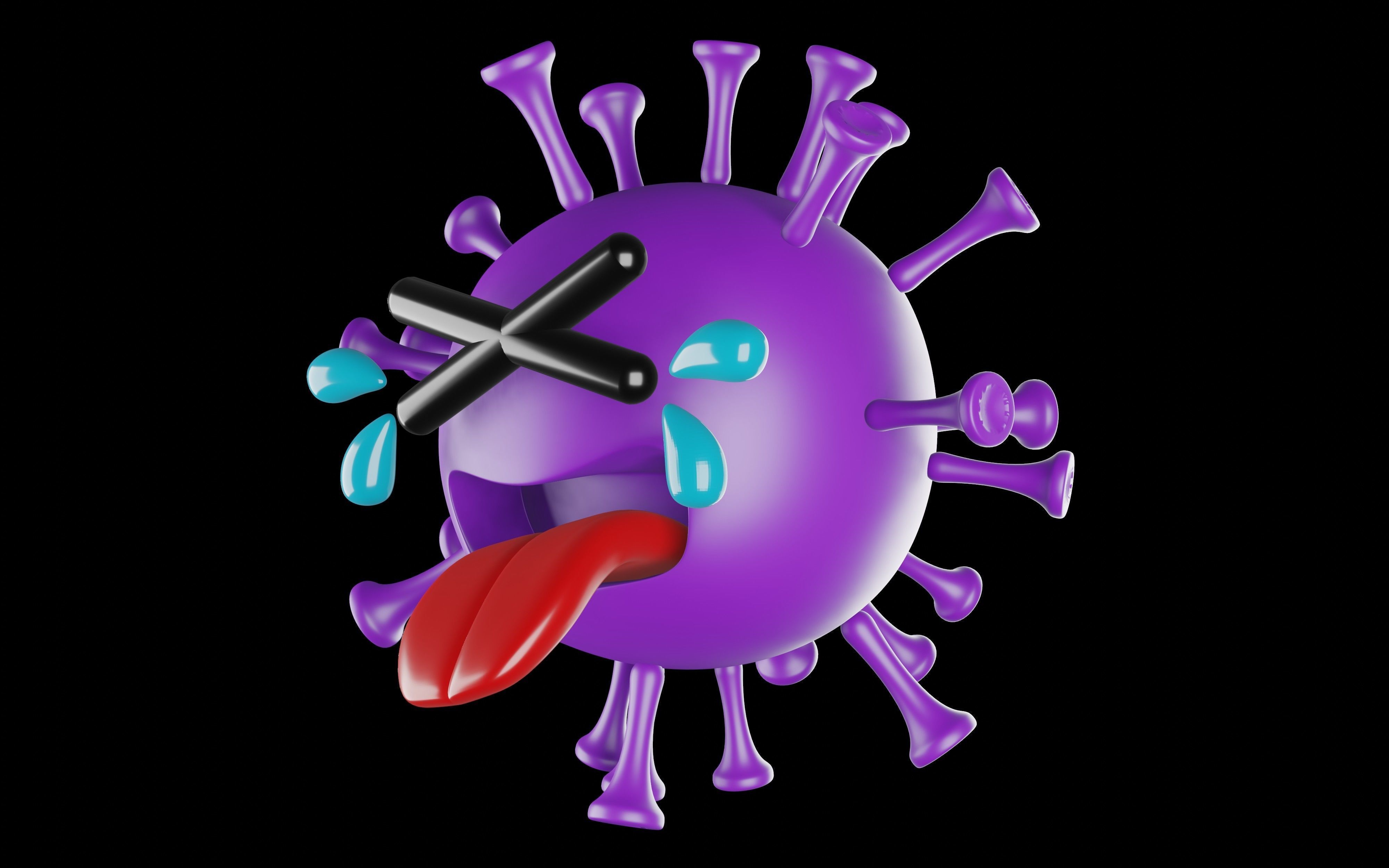 Purple covid model is in a painful face 3D print model_2