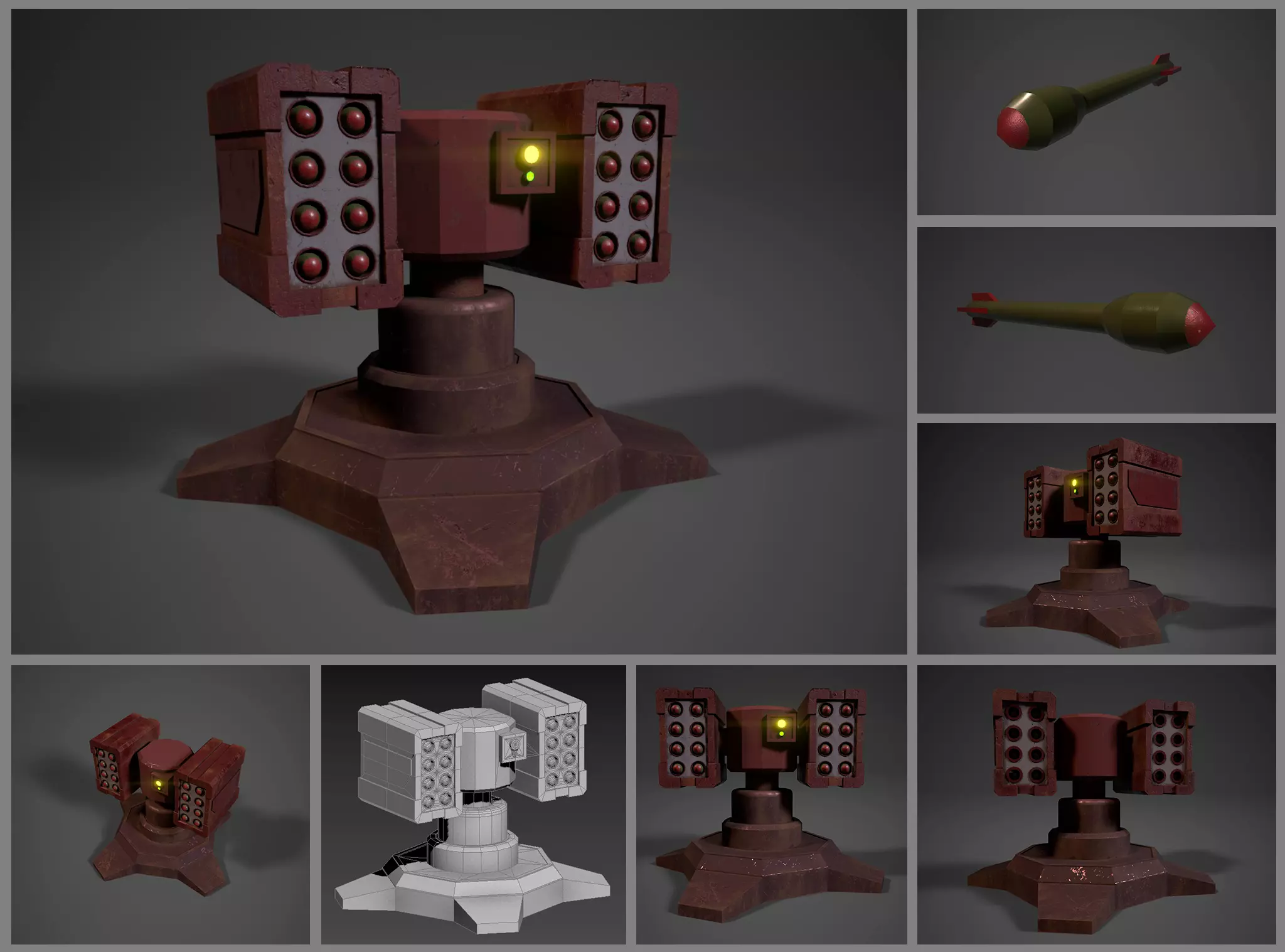 Simple missile turret Low-poly 3D model_0