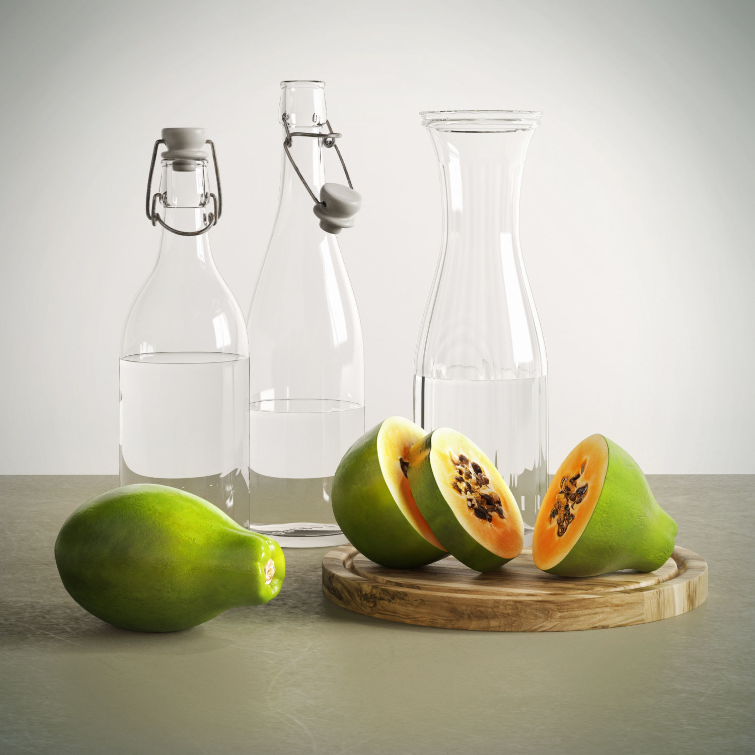 Clear bottles and fruit 3D model_2