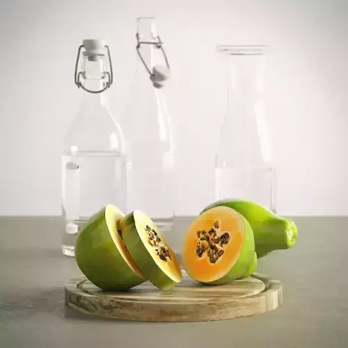 Clear bottles and fruit