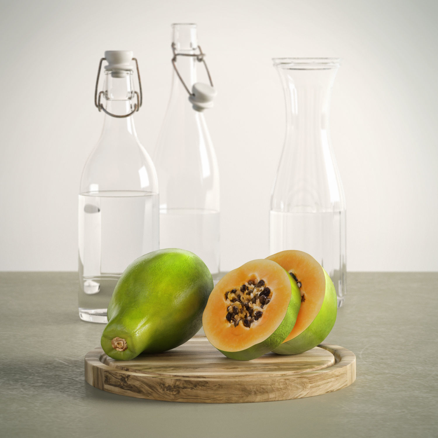 Clear bottles and fruit 3D model_1