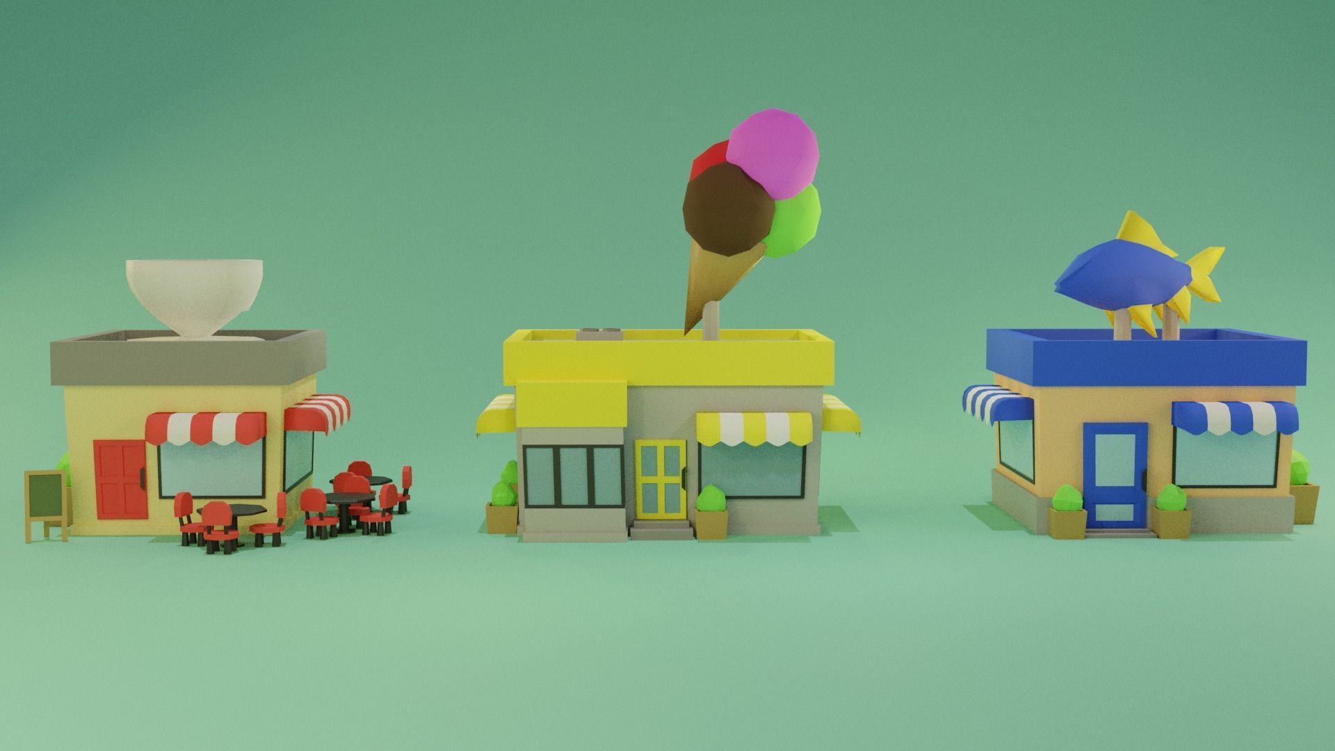 LowPoly Buildings town with and coffee shop Low-poly 3D model_2