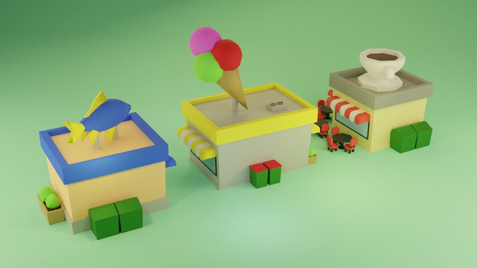 LowPoly Buildings town with and coffee shop Low-poly 3D model_3