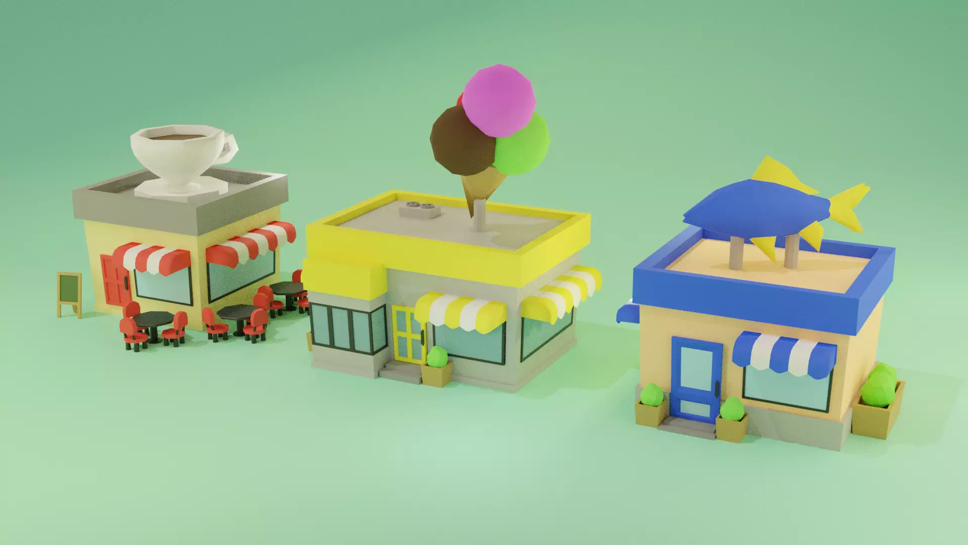 LowPoly Buildings town with and coffee shop Low-poly 3D model_0