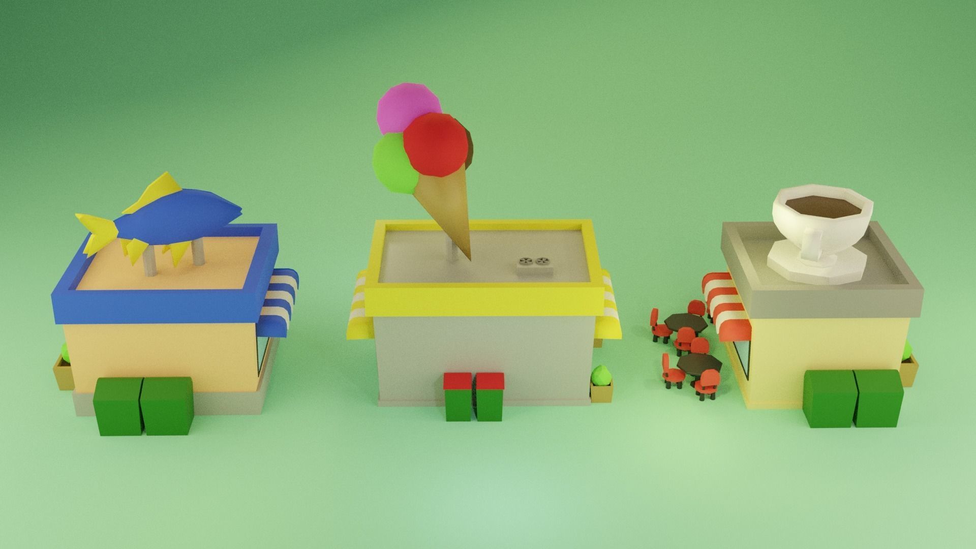 LowPoly Buildings town with and coffee shop Low-poly 3D model_4