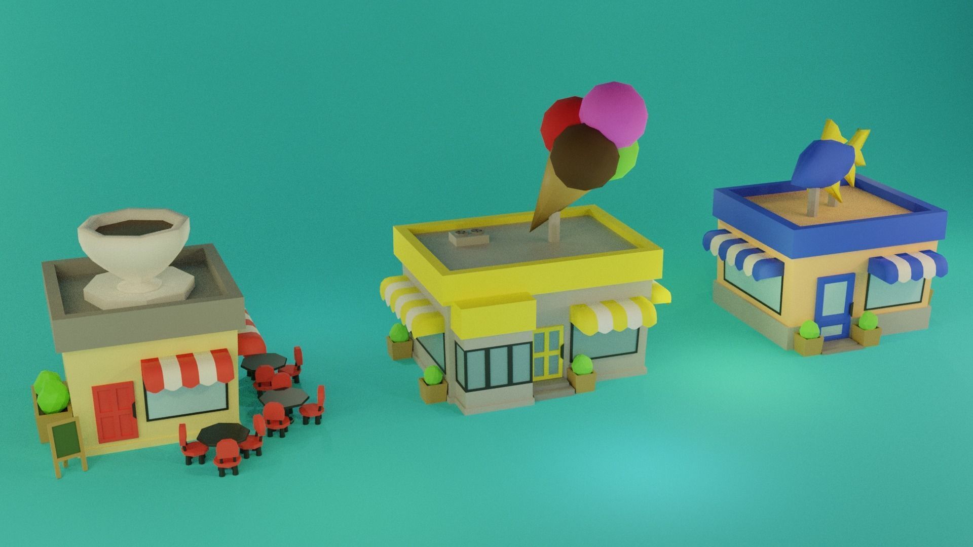 LowPoly Buildings town with and coffee shop Low-poly 3D model_8