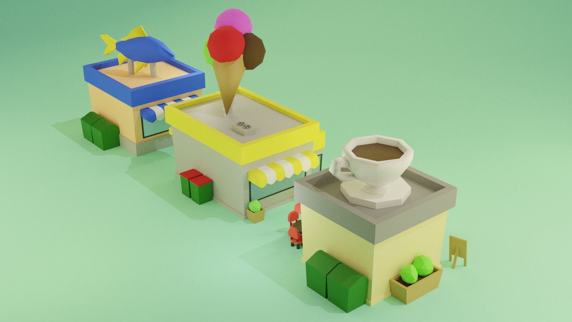 LowPoly Buildings town with and coffee shop Low-poly 3D model_5